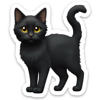 One petite, solid black furred cat. Light yellow eyes. Black pointed tufts of long fur at only the very tip-top points of its ears like a lynx. Fully body black and no other color markings. Facing forward and standing with ears slightly tilted. sticker