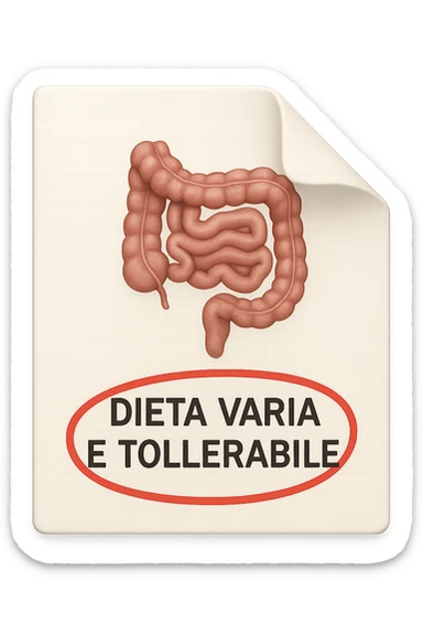 emoji stile iphone di un foglio con un INTESTINO disegnatO sopra e la scritta "DIETA VARIA E TOLLERABILE" CERCHIATA IN ROSSO, iperrealistico 4k, isolato su sfondo bianco sticker