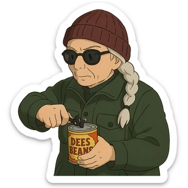 1 female, long white braid, knit cap, dark sunglasses, DARK GREEN HUNTER JACKET, USING A SMALL BLACK HANDHELD CANOPENER TO OPEN A CAN OF DEES BEANS sticker