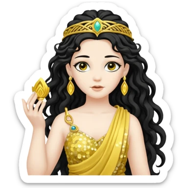 Libera, Goddess of Labyrinth from Roman Deities with long jet black wavy hair, yellow sequin toga  sticker