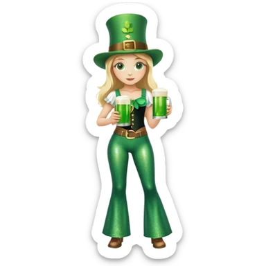 Blonde haired girl in glittery green bell bottoms and tall leprechaun hat holding a green beer sticker