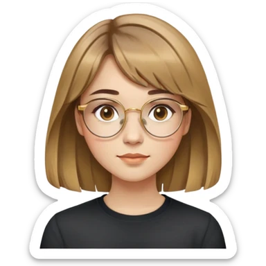 young adult woman with light skin, friendly and serene expression, round face with prominent cheeks, light brown hair with golden highlights, voluminous and straight with slight waves, long bangs over eyebrows, large octagonal glasses with thin golden or light pink frame, casual dark shirt sticker