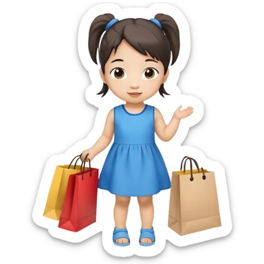 Asian toddler girl in 2 pony tails in blue dress holding a shopping bag sticker