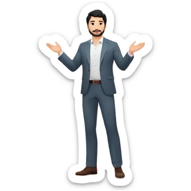 Professional 35-year-old man with black wavy hair, stubble, strong jawline, white skin tone, wearing smart casual business attire, giving a TED talk on innovation, standing on circular red carpet stage, gesturing confidently with projected slides behind him sticker