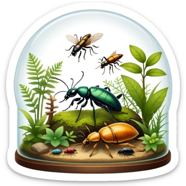 Close-up of home insects inside a terrarium, showcasing beetles, praying mantises, and other exotic species in vivid detail, with natural textures of the terrarium. Soft lighting highlights their features. Transparent background. sticker