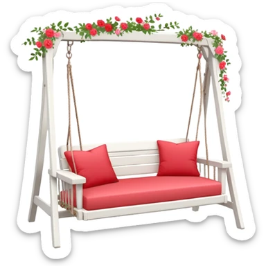Romantic white wooden pastel-red cushions couch-swing with tiny flowers around sticker