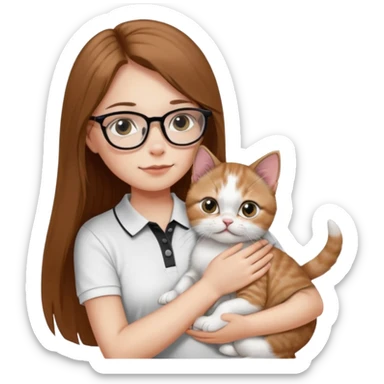 a girl with long brown straight hair, in a white a black polo t-shirt, with eyeglasses hugs a persian kitten 3 months old had a half spot black on her face and white one cat. emoji | AI Emoji Generator sticker