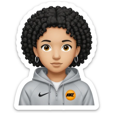 Blasian teenager wearing a nike hoodie with black curly hair and ears pierced sticker