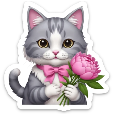 Cute cat Handing pink peonies like reaching a hand and handing them out a bouquet of them not a physical hand the cats hand  make the cat fluffy and grey and white fluffier make the cat wear a pink coquette make her wear a pink coquette sticker