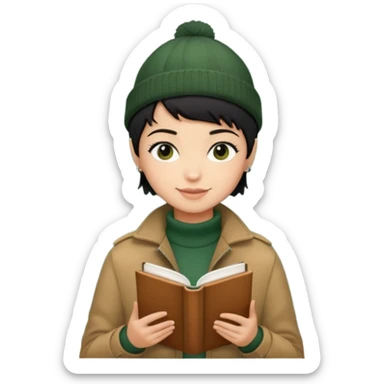 tan skin, non binary man with pixie cut black hair, wearing brown jacket and dark green beanie, shy smile , holding up  book  sticker