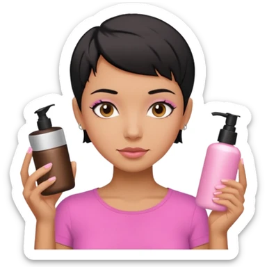 tan girl pink shirt with black hair & a pixie, cut no earrings, doing skin care sticker