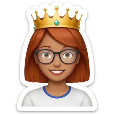 sporty woman with glasses and reddish-brown bobbed hair with a crown sticker