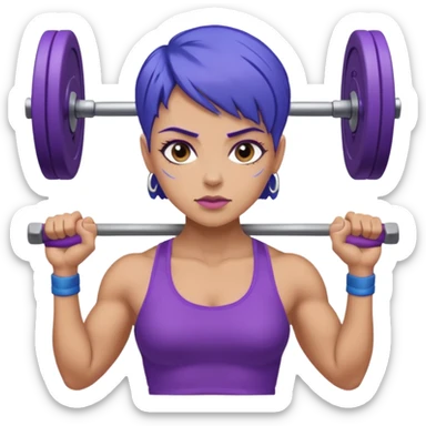 weight lift woman short blue purple har muscles bar is not growing from head sticker