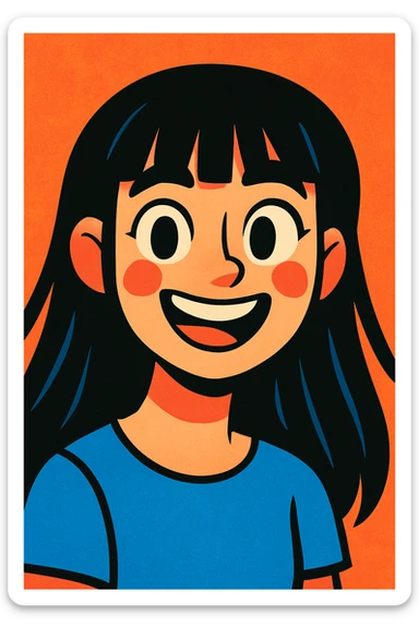 portrait of a pretty white girl with long black hair and thick bangs, cheerful mood, vibrant toon style sticker