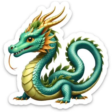  serpent dragon. Slim, serpentine body with smooth scales in soft blues and greens. Fluffy leaf plumes replace the tail fins, and a terracotta crown-like crest adorns its head. Gentle amber eyes. it should be similar to traditional chinese dragons. no legs. snake-like body. sticker