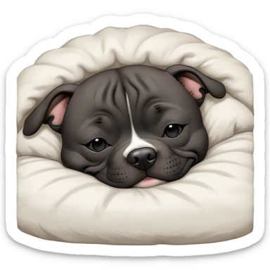 Meme-Worthy Cute Sleeping Black/Brindle Staffordshire Bull Terrier Portrait Emoji, Head resting peacefully with a contented smile, showcasing a delightfully compact build and a luxuriously soft Fur with an attractive black and brindle blend, eyes shut in a serene nap, Simplified yet hilariously adorable features, highly detailed, glowing with a soft, drowsy light, high shine, relaxed and utterly lovable, stylized with an air of playful laziness, bright and heartwarming, soft glowing outline, capturing the essence of a comically sleepy guardian, so meme-worthy it feels like it could instantly become the next viral sensation of adorable slumber! sticker