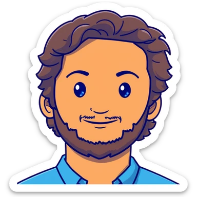 Lebanese man with one blue eye and one brown eye, light beard, kind smile, blue shirt, brown longish wavy hair sticker