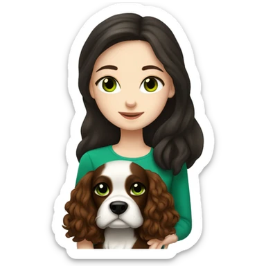 pale skin girl with green eyes with long dark brown hair that has a flower in her hair  snuggling a black and brown cavalier dog the dog also has a flower in its hair sticker