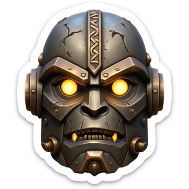 Cinematic Noble Mighty Iron Golem Portrait Emoji Poised and imposing, with a towering, metallic form forged from intricately detailed plates of burnished steel and ancient bronze, etched with faint traces of runes and weathered marks of time. Its piercing, glowing eyes radiate unwavering resolve, casting a solemn and commanding presence; rendered with lifelike texture and natural metallic highlights, high shine, elegant yet indomitable, styled with an aura of legendary endurance, focused and resolute, soft glowing outline, capturing the essence of an eternal guardian, standing vigilant and immovable as if ready to awaken at any moment with unstoppable might! sticker