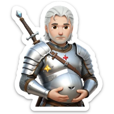 Geralt of Rivia holding pregnant belly, silver hair, medieval armor, magical atmosphere, Apple emoji style sticker