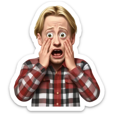 macaulay culkin from Home Alone, putting both hands on his face and screaming of fear. bring the hands down lik he is putting on his cheeks. sticker