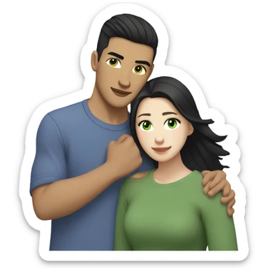 Light skin Asian male with undercut straight black hair and white female with green eyes and long brown wavy hair tightly hugging each other  sticker