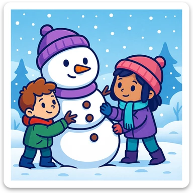 Show two different kids (different hair and clothing colors) building a snowman in a snowy background, keep the sticker style sticker