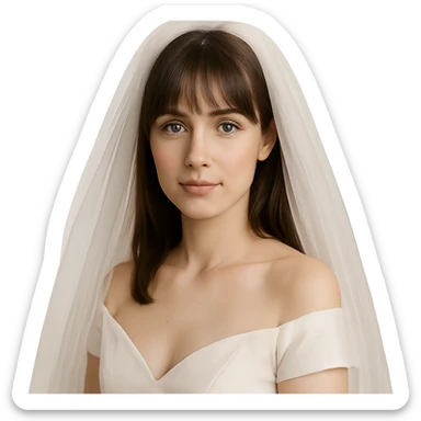 bride with light skin, hazel eyes, brunette straight hair with bangs, wearing a veil, gentle expression sticker