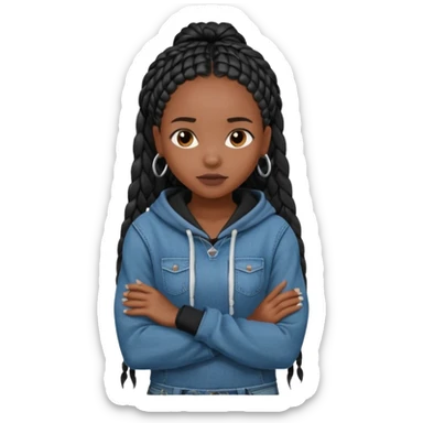 African American dark skin girl with long black box braids wearing plain black hoodie with denim skinny jeans with arms folded across chest sticker