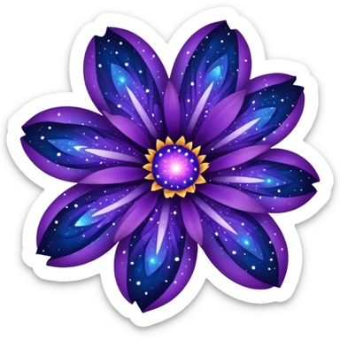 vibrant flower with petals resembling a galaxy nebula, deep blues and purples, scattered stardust sticker