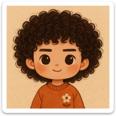 Haz el pelo mucho más rizado y las cejas más rectas, manteniendo el estilo general, cute y todos los detalles anteriores sticker