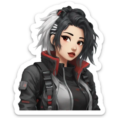 Gorgeous techwear anime style lady with blushing face aesthetic and pretty edgy black red white punk messy hair with collar and harness trending style sticker