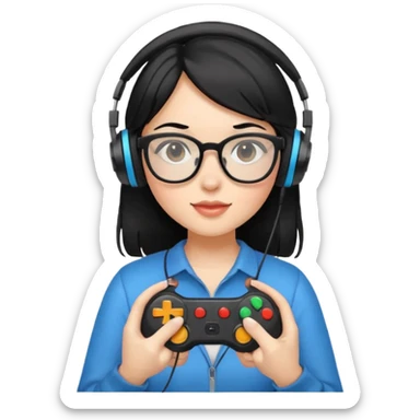 
gamer, black hair girl with glasses, headphone, gamepad sticker