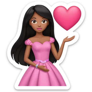Black barbie, long black  hair, pink dress holding big heart that  visibly says "daily heart me" sticker