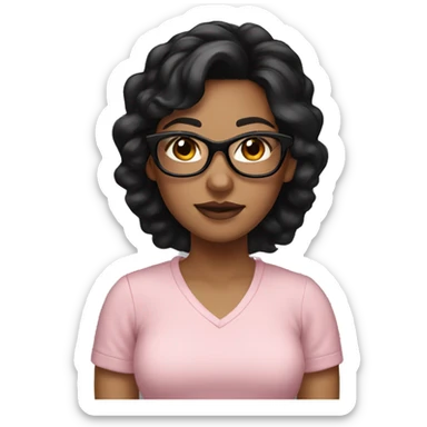 A girl with black hair and black glasses, earrings, a light pink shirt, light skinned sticker
