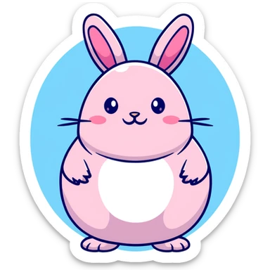 A fat bunny character in Sanrio style like Hello Kitty, large head with big round eyes, blushing cheeks, small mouth, minimal facial features, tiny spikes, pastel pink and blue colors, clean bold outlines, rounded shapes sticker