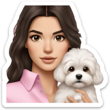 brunette Kendall Jenner with long hair holding on the hands white maltipoo wear in pink collar sticker