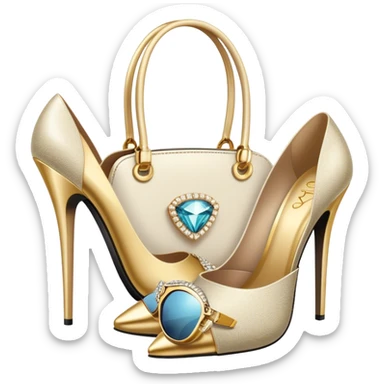 A photorealistic icon featuring luxurious fashion accessories like a high-end handbag, elegant high heels, a sparkling diamond necklace and a stylish pair of sunglasses. The design includes gold accents, purfume, and glamorous textures, fashion, and VIP luxury. Transparent background sticker