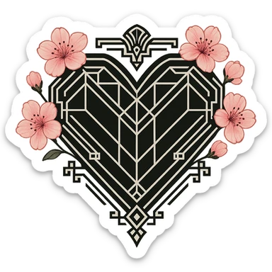 goth sakura heart, art deco, geometric black heart, pink sakura accents, elegant and vintage sticker
