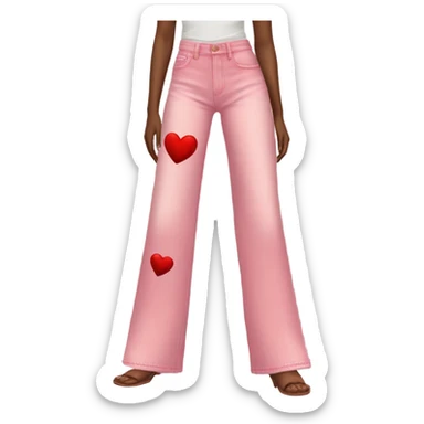 Realistic long Wide leg high waisted pink jeans with red hearts, isolated sticker