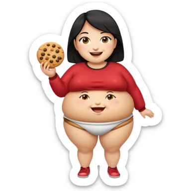 create a humongous asian girl with black hair, with 2 burgers and a cookie in her mouth, she is super obese, please make her a full body emoji, mega huge tummy   sticker