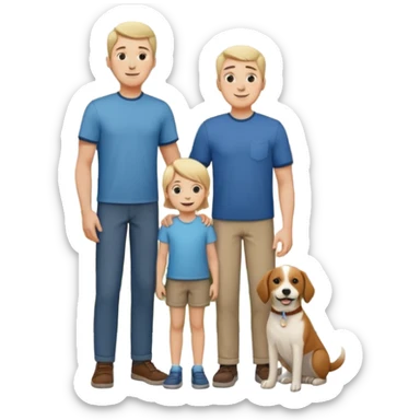 1 Father 1 Mother and 1 young boy who is half as tall as the parents, standing in front of their house with a dog next to them sticker