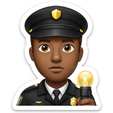 A vigilant male security guard wearing a black uniform, a cap with ‘SECURITY’ embroidered on it, and a black jacket. He holds a flashlight  shining its beam forward sticker