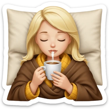 Blonde girl inside a blanket sipping coffee eyes closed sticker