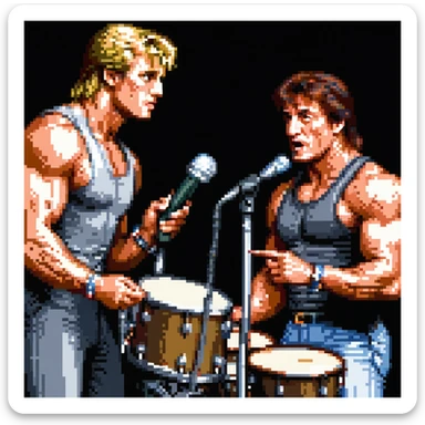 a SNES box art image of dolph lundgren on the mic and sylvester stallone on the drums cutscene graphic - 3/4 side perspective sticker