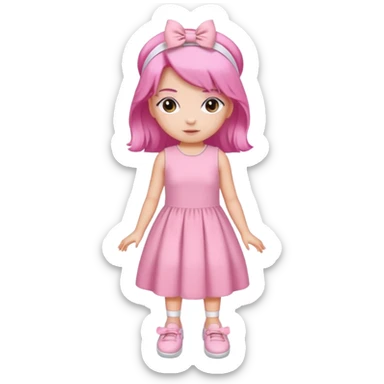 A girl wear a a pink pink dress and pink wacth and a pink hairband and a white shoes sticker