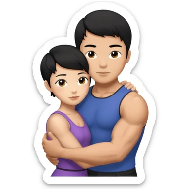 buff Asian Man black hair hugging girl with black pixie cut  sticker