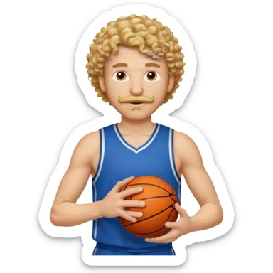 white blonde curly hair man basketball player blue jersey with mustache holding basket ball sticker