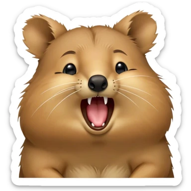 Cinematic Cute Yawning Quokka Portrait Emoji, Head tilted slightly with a dramatic, wide-open yawn, showcasing a soft, downy brown fur with a slightly droopy expression and eyes barely open in drowsy contentment, Simplified yet irresistibly adorable features, highly detailed, glowing with a soft, cozy glow, high shine, relaxed yet expressive, stylized with a touch of playful charm, bright and endearing, soft glowing outline, capturing the essence of a sleepy yet affectionate quokka, so drowsy it feels like it could stretch out of the screen and curl up for a nap! sticker