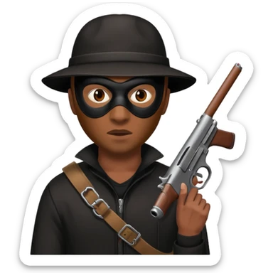 A black male in a robber mask with a gun sticker